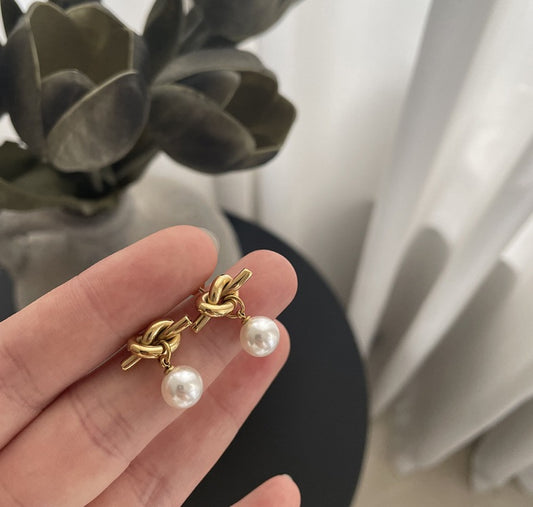 18K Gold Plated Knot Drop Earrings with Artificial Pearl Inlay