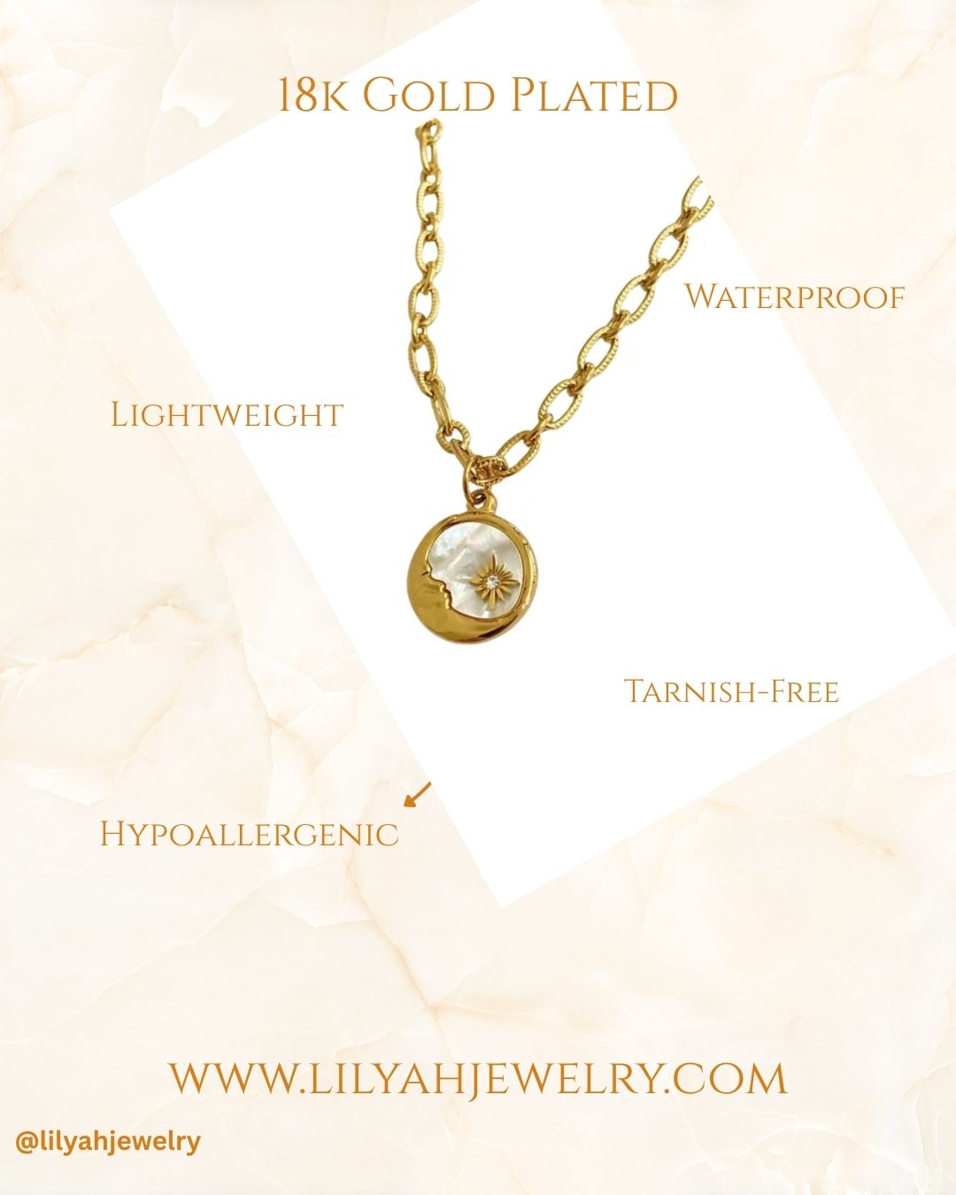 Gold plated necklace with pendant on a light background, featuring text about gold plating and jewelry features. Pendant has a half moon and a star. The necklace is 18k gold plated, waterproof, lightweight, tarnish free and hypoallergenic.