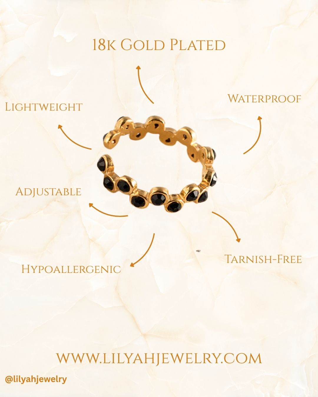 18k Gold Plated Black Modern Mosaic Open Ring - Nyx