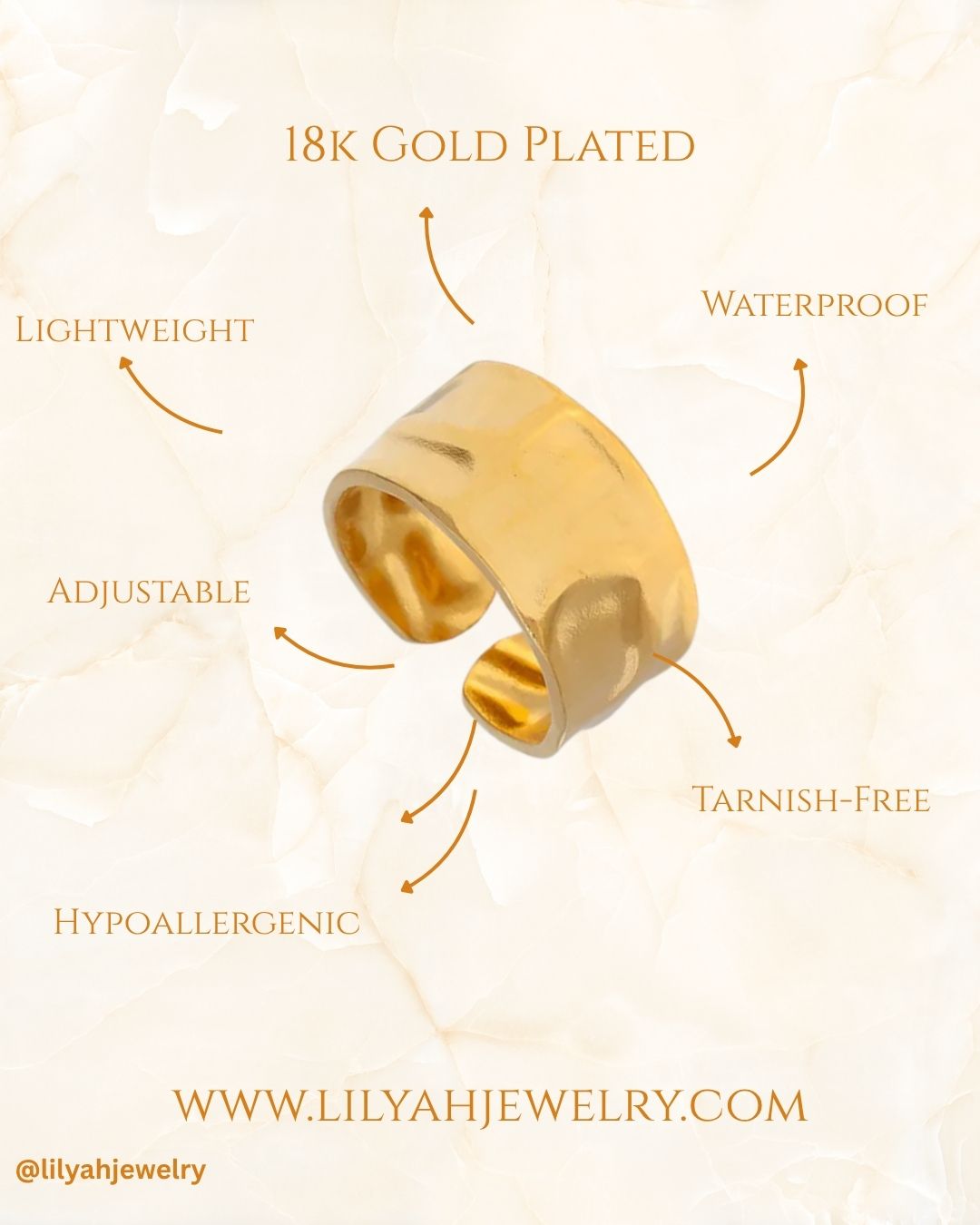 18k Gold Plated Wide Band Textured Open Ring - Vesper