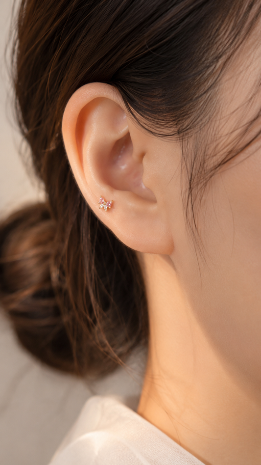 18K Gold Plated Little Pink Bow Ear Piercing Stud