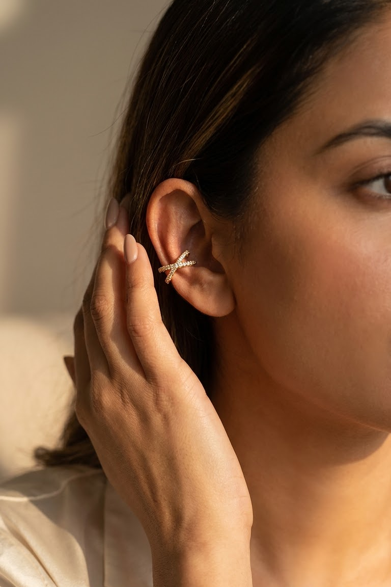 A close-up lifestyle shot of a woman wearing Lilyah Jewelry's delicate 18k gold plated ear cuff with small sparkling zircons, holding her hand to her ear in warm, natural light.