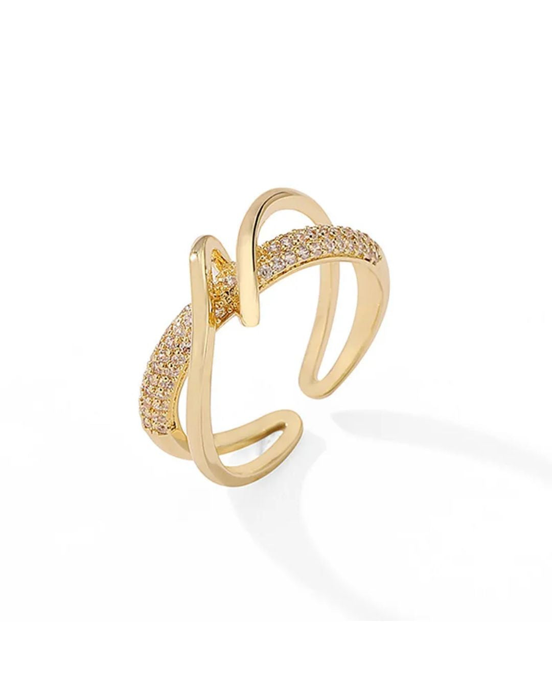 Lilyah Jewelry Gold Plated Zircon Diamond Ring. adjustable promise ring. accents of gold and diamonds. Gold open ring with diamond accents on a white background