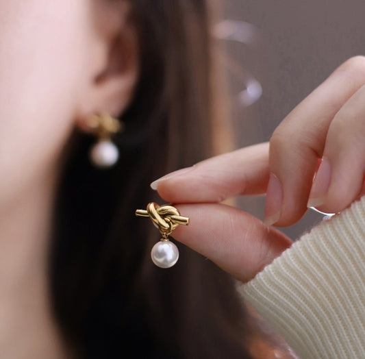 18K Gold Plated Knot Drop Earrings with Artificial Pearl Inlay