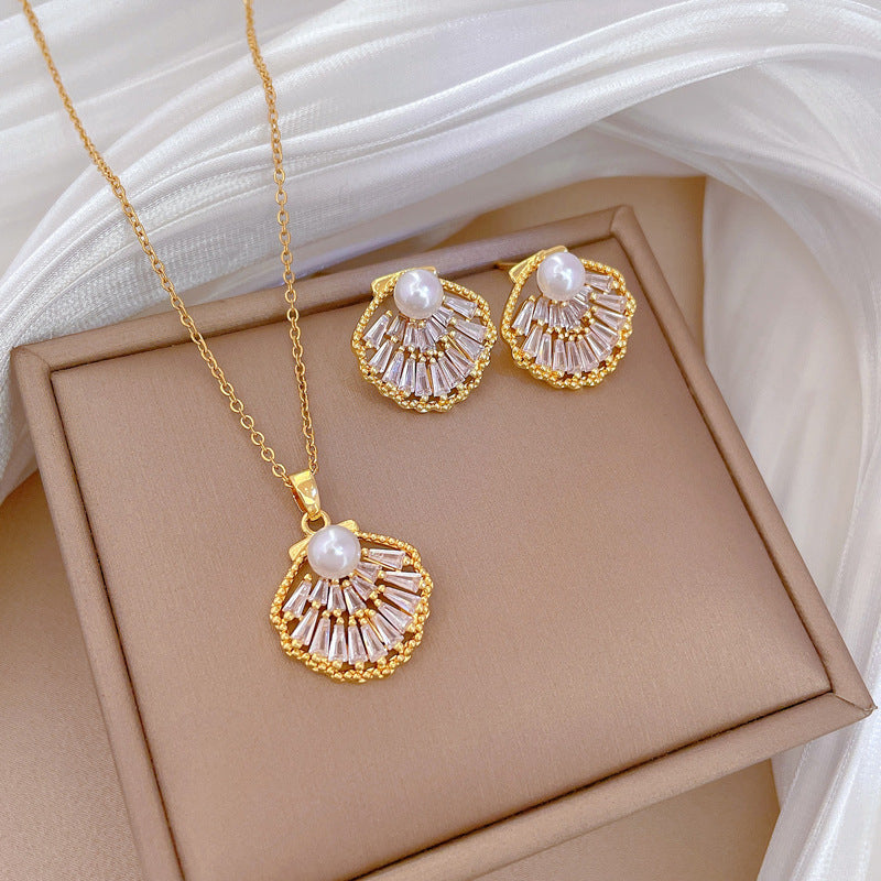 18K Gold Plated with Zircon Inlay Pearl Shell Necklace and Earring Set