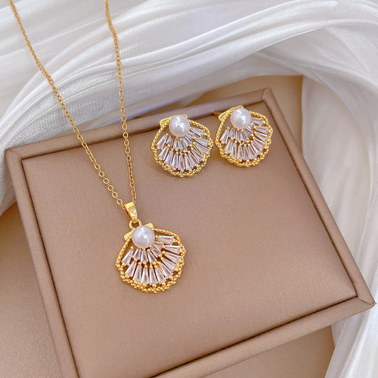 18K Gold Plated with Zircon Inlay Pearl Shell Necklace and Earring Set