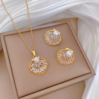 18K Gold Plated with Zircon Inlay Pearl Shell Necklace and Earring Set