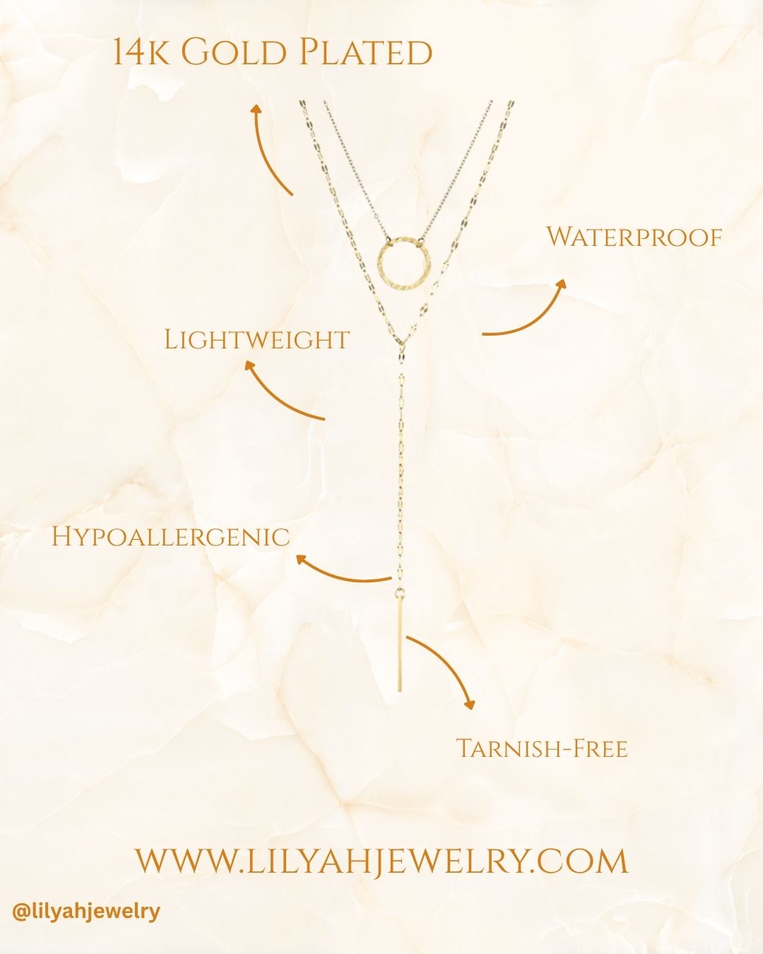 Diagram of a necklace with gold-plated features on a light background, including '14K Gold Plated', 'Lightweight', 'Hypoallergenic', 'Tarnish-Free', and 'Waterproof'.