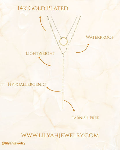 Diagram of a necklace with gold-plated features on a light background, including '14K Gold Plated', 'Lightweight', 'Hypoallergenic', 'Tarnish-Free', and 'Waterproof'.