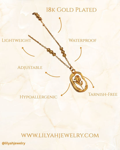 Gold necklace with rose pendant on a light background, featuring text about gold plating and jewelry features. It is a 18k gold plated necklace with a rose pendant. t is lightweight, waterproof, adjustable, hypoallergenic and tarnish free
