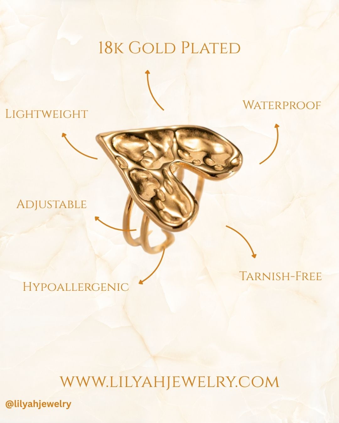 18k Gold Plated Hammered Heart Open Ring - Rosella