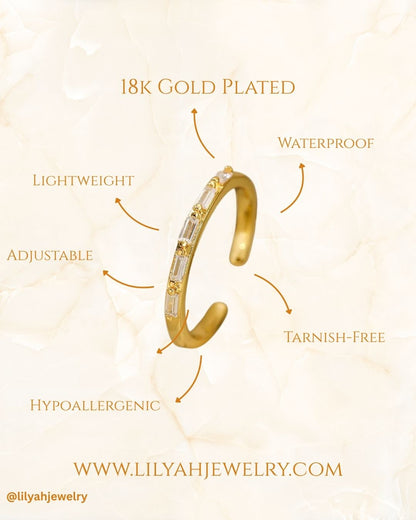 18K Gold Plated Adjustable Zircon Baguette Stacking Ring