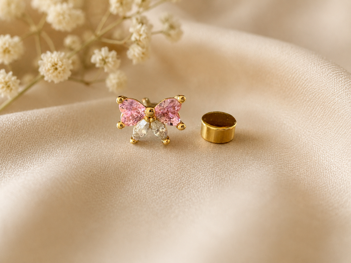 18K Gold Plated Little Pink Bow Ear Piercing Stud