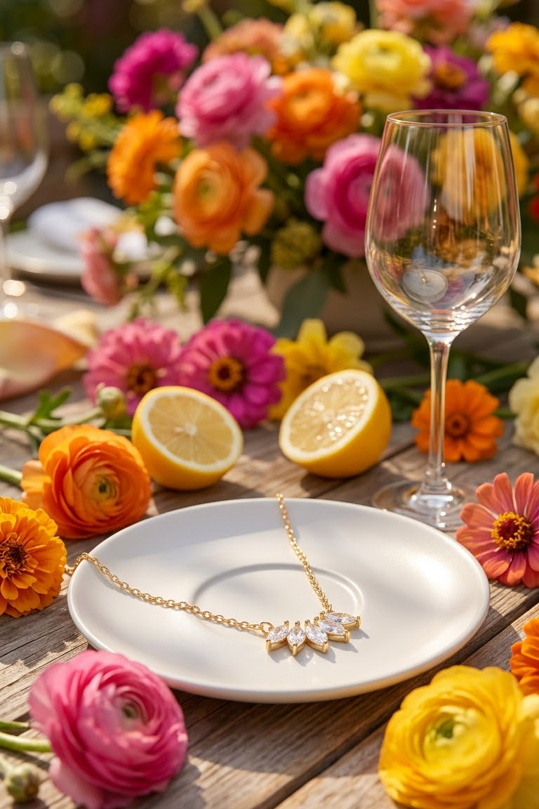 An 18k gold plated necklace from Lilyah jewelry with a flower-like pendant is displayed on a white plate in a styled outdoor table setting with colorful flowers, lemons, and a wine glass.
