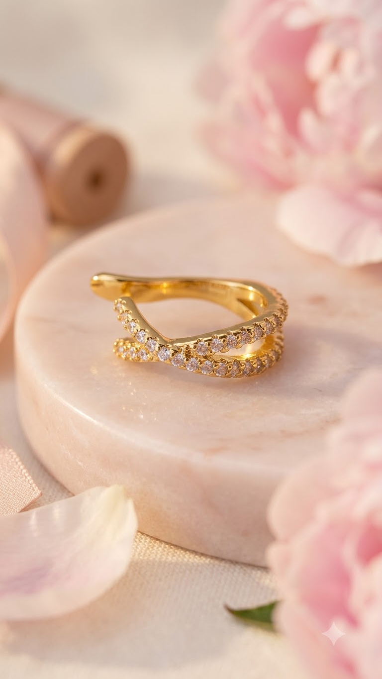 Lilyah Jewelry's 18k gold plated ear cuff with pavé-set clear zircons, styled on a round pink marble slab with soft pink flowers in the background.