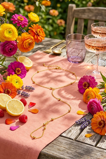 Lilyah Jewelry's 18k gold plated  beaded bracelet cum ring is displayed on a rustic wooden table runner, surrounded by vibrant flowers, lemon slices, and pink wine glasses in an outdoor garden setting.
