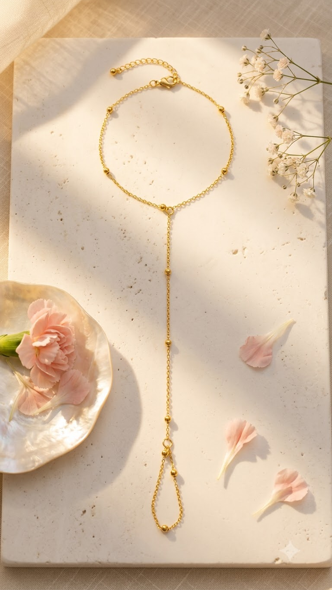 Lilyah Jewelry's delicate 18k gold plated bracelet cum ring with small bead details, laid flat on a white surface with pink petals and flowers