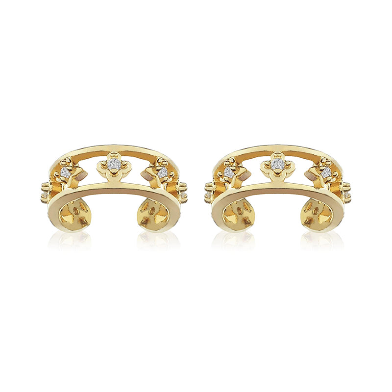 A pair of Lilyah Jewelry's 18k gold plated non piercing ear cuffs earrings with small clear gemstones displayed on a clean white background