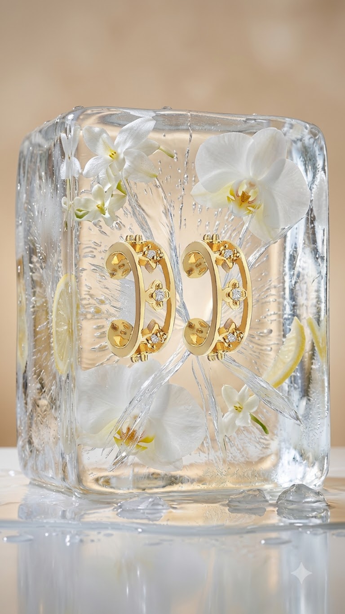 A pair of Lilyah Jewelry's 18k gold plated crescent-shaped non piercing ear cuffs with clear zircons, preserved inside a clear ice cube with white orchids and lemon slices, on a reflective surface.