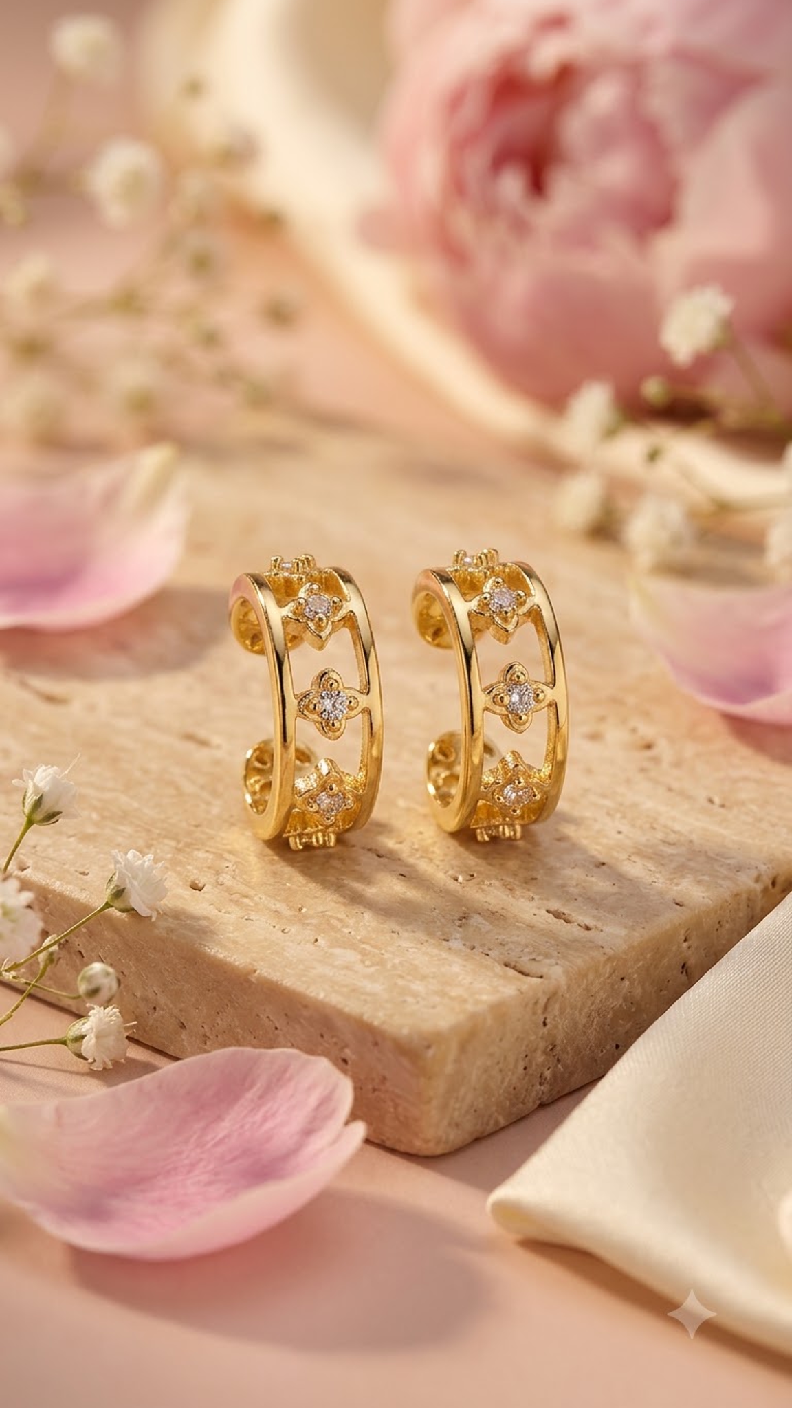 A pair of Lilyah Jewelry's 18k gold plated ear cuff earrings with floral and geometric cutout details, displayed on a beige stone slab with pink petals and soft flowers in the background.