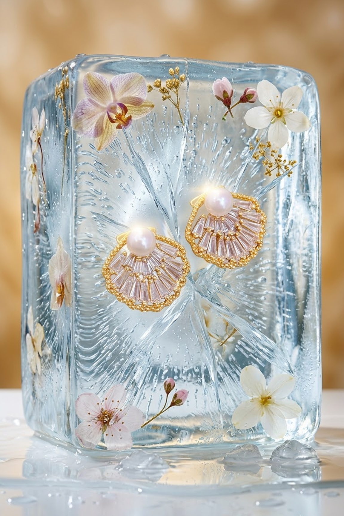 Lilyah Jewelry's earrings on a square clear ice block. two gold-toned earrings with pearl-like centers and delicate floral inclusions, photographed on a reflective surface against a warm beige background.