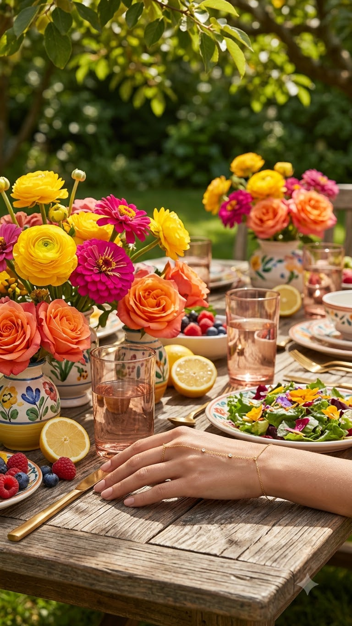 A styled outdoor dining table in a garden setting, featuring colorful flower centerpieces in yellow, pink, and orange, pink-tinted water glasses, fresh lemons, and a salad. A person's hand rests on the wooden table in the foreground. The hand has Lilyah Jewelry's delicate bracelet with zircon diamonds.