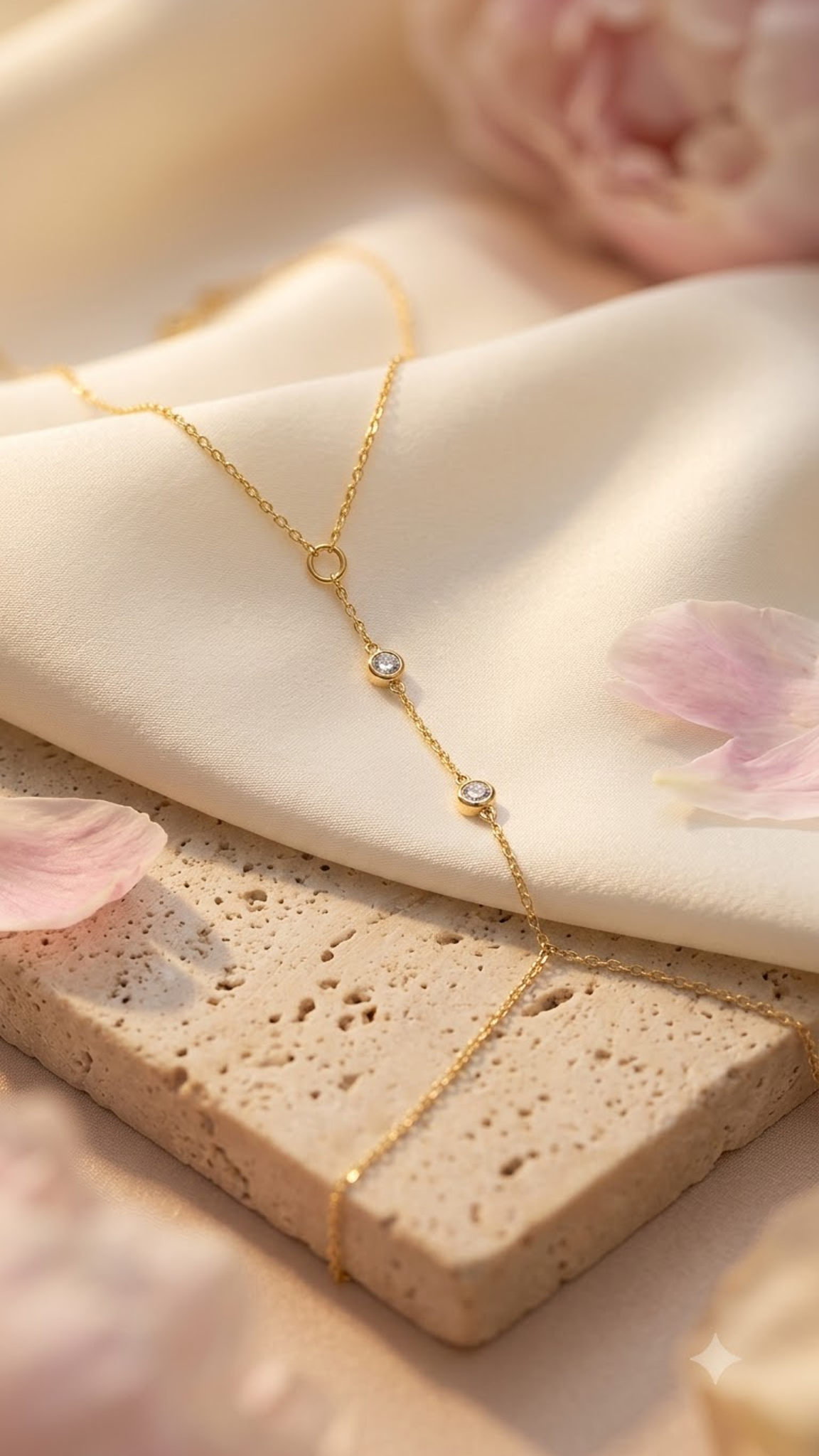 Lilyah Jewelry's delicate 18k gold plated bracelet cum ring with three small circular zircon diamond studded into the bracelet,  draped over a cream-colored fabric and a textured beige stone slab with soft pink petals.