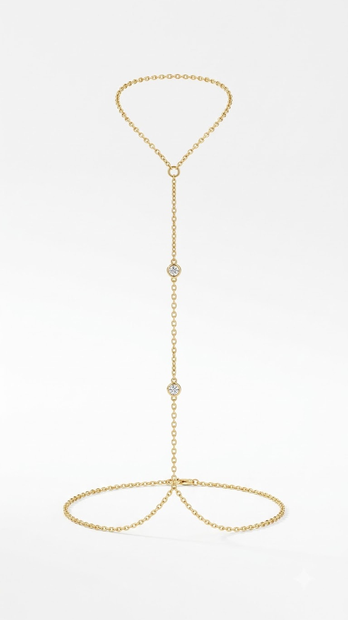 Lilyah Jewelry's delicate 18k gold plated body chain featuring two small diamond-shaped links set with clear stones, suspended from a matching circular chain at the wrist and finger, photographed on a clean white background.