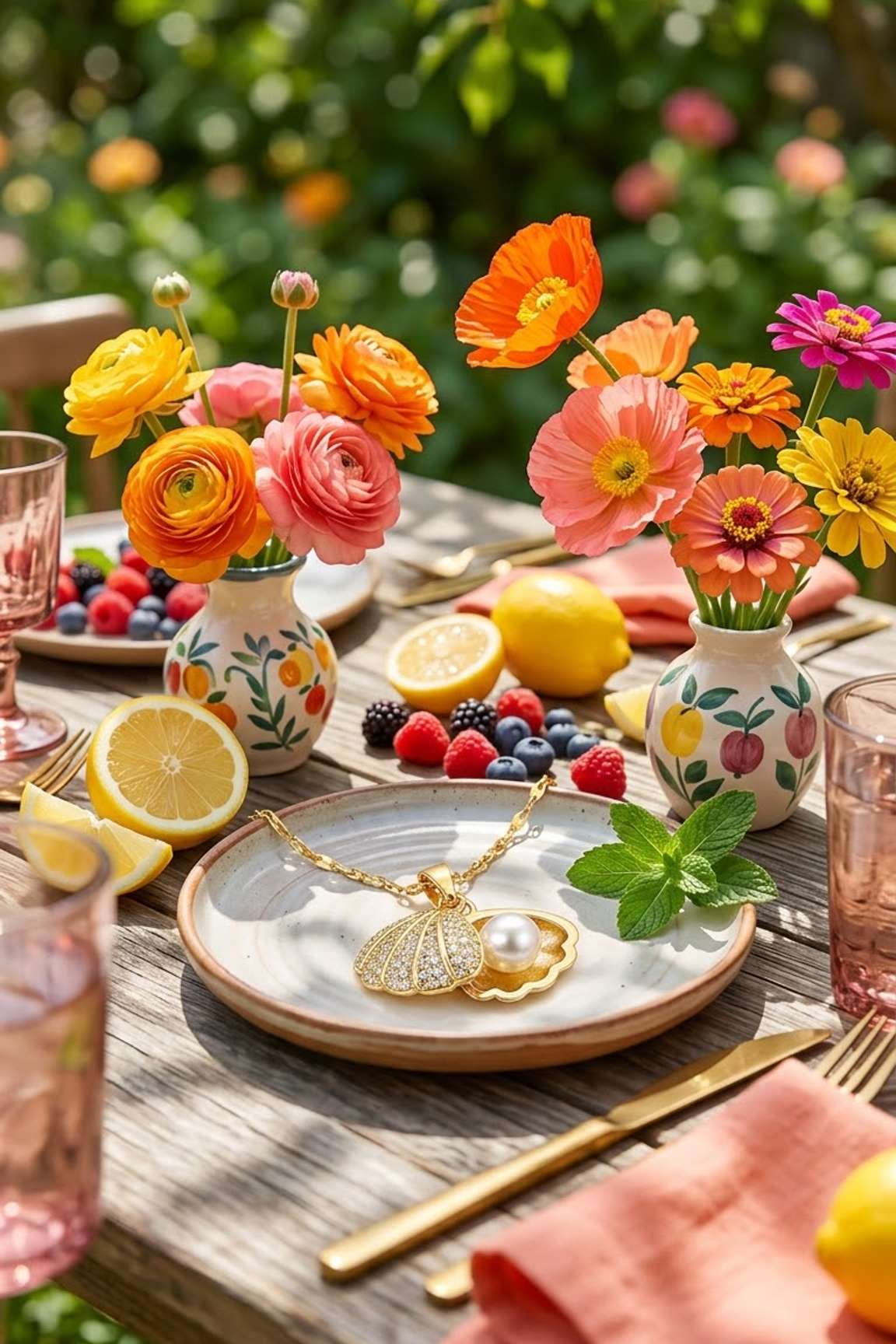 A styled outdoor dining table scene with colorful floral arrangements in small patterned vases, pink drinking glasses, lemons, berries, and a lilyah jewelry's 18k gold plated shell-shaped pendant necklace resting on a plate. The setting is a real garden environment, so this is Lifestyle rather than Product/Packaging.