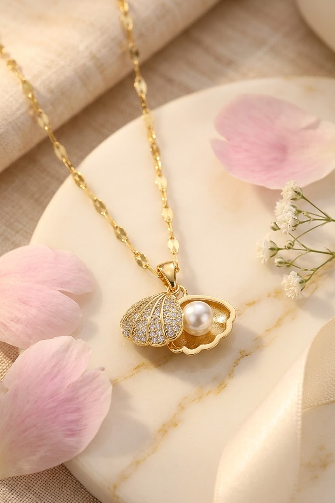 Lilyah Jewelry's 18k gold plated necklace with a clam-shell pendant featuring a white pearl and small clear stones, styled on a cream marble plate with pink petals and soft fabric.