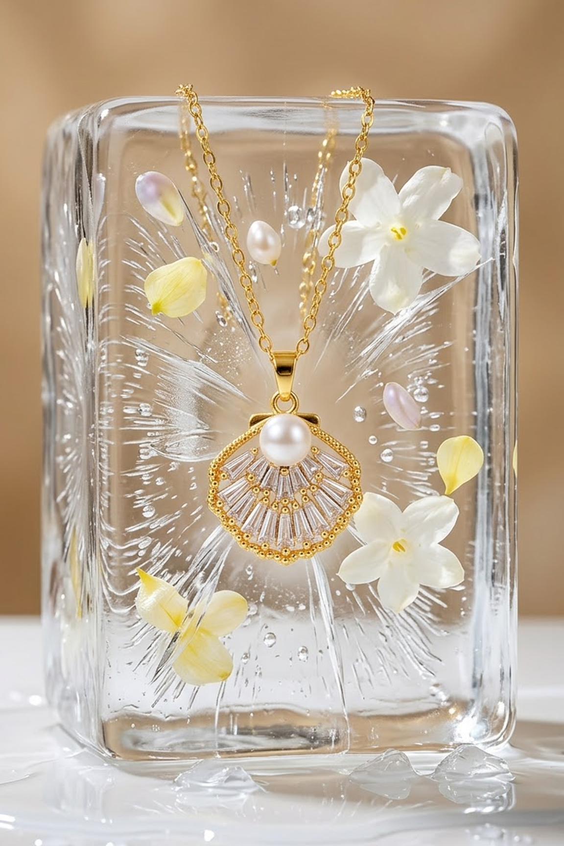 Lilyah Jewelry's 18k Gold plated shell pendant necklace with a white pearl, displayed inside a clear ice block with white flowers on a soft beige background.