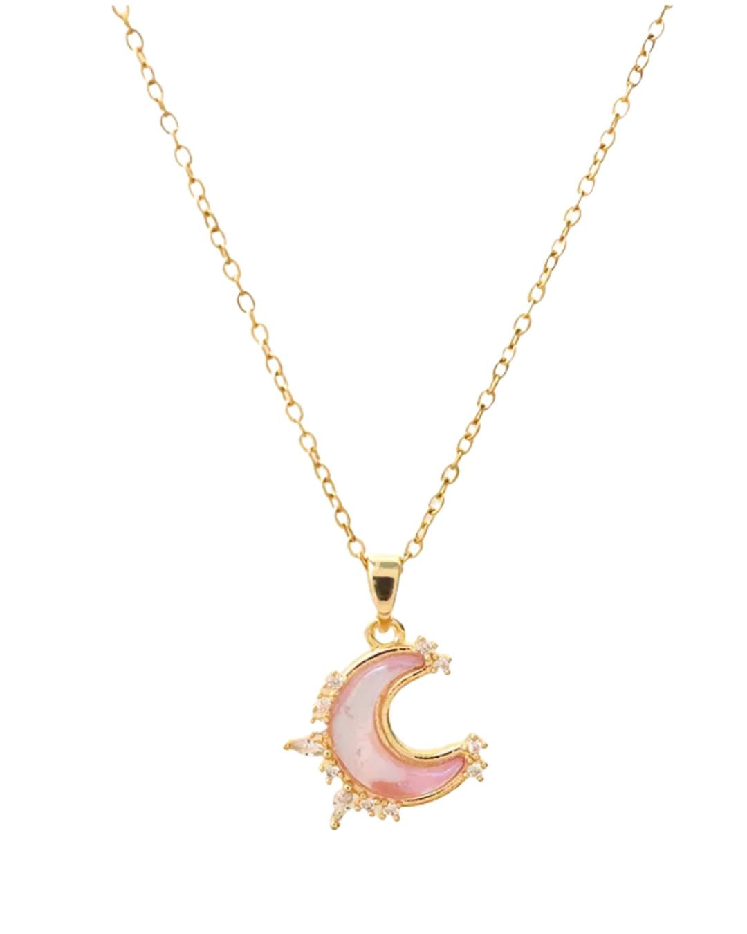 Lilyah Jewelry's 18k gold plated pink moon necklace. 