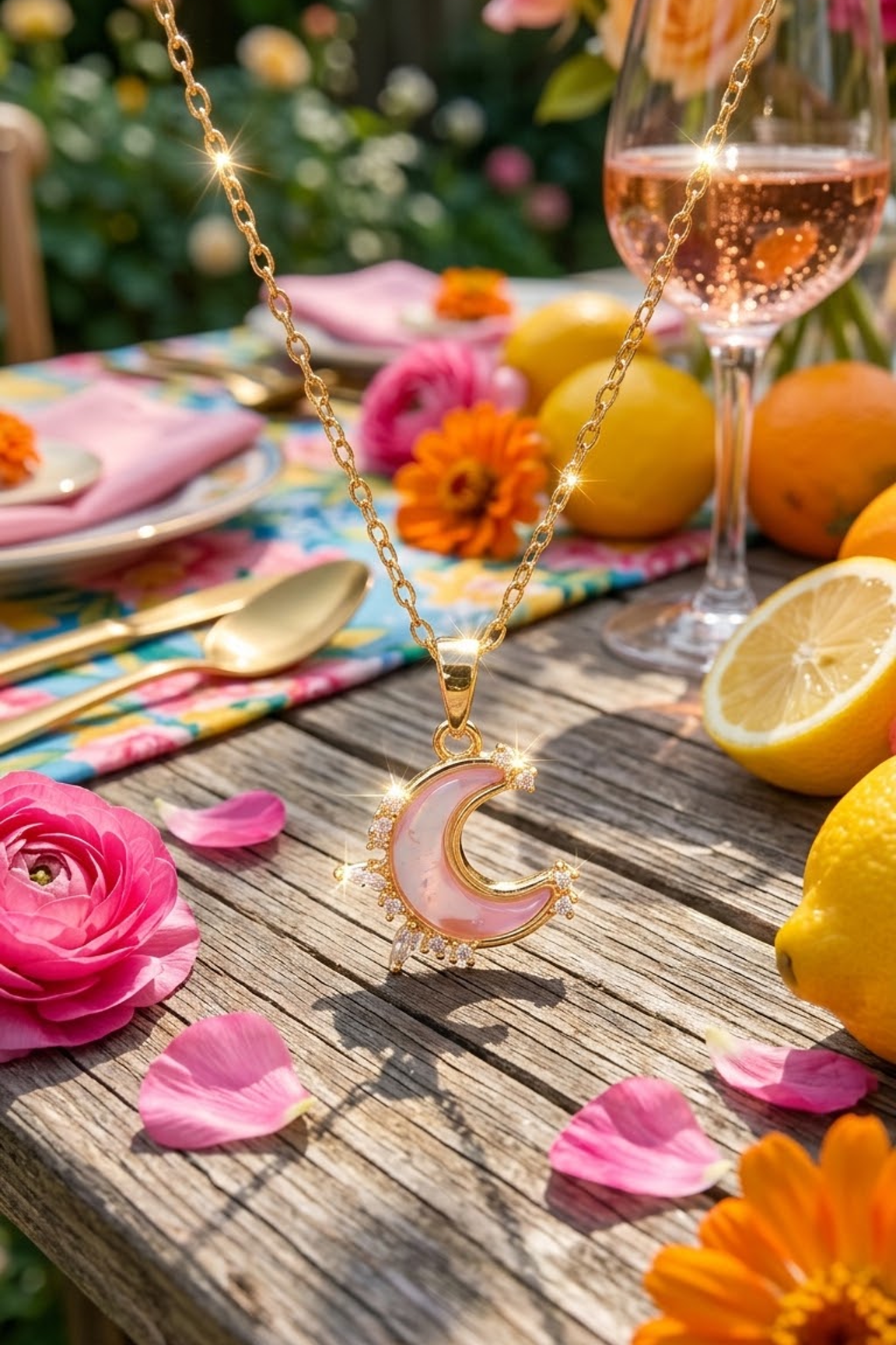 Lilyah jewelry's 18k gold plated pink moon necklace in a  outside setting with flowers, wine and lemons. sunshine is reflected on the necklace making it sparkle.