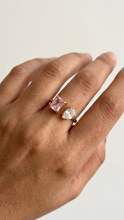 18K Gold Plated Two Stone - Pink and White Waterproof Ring