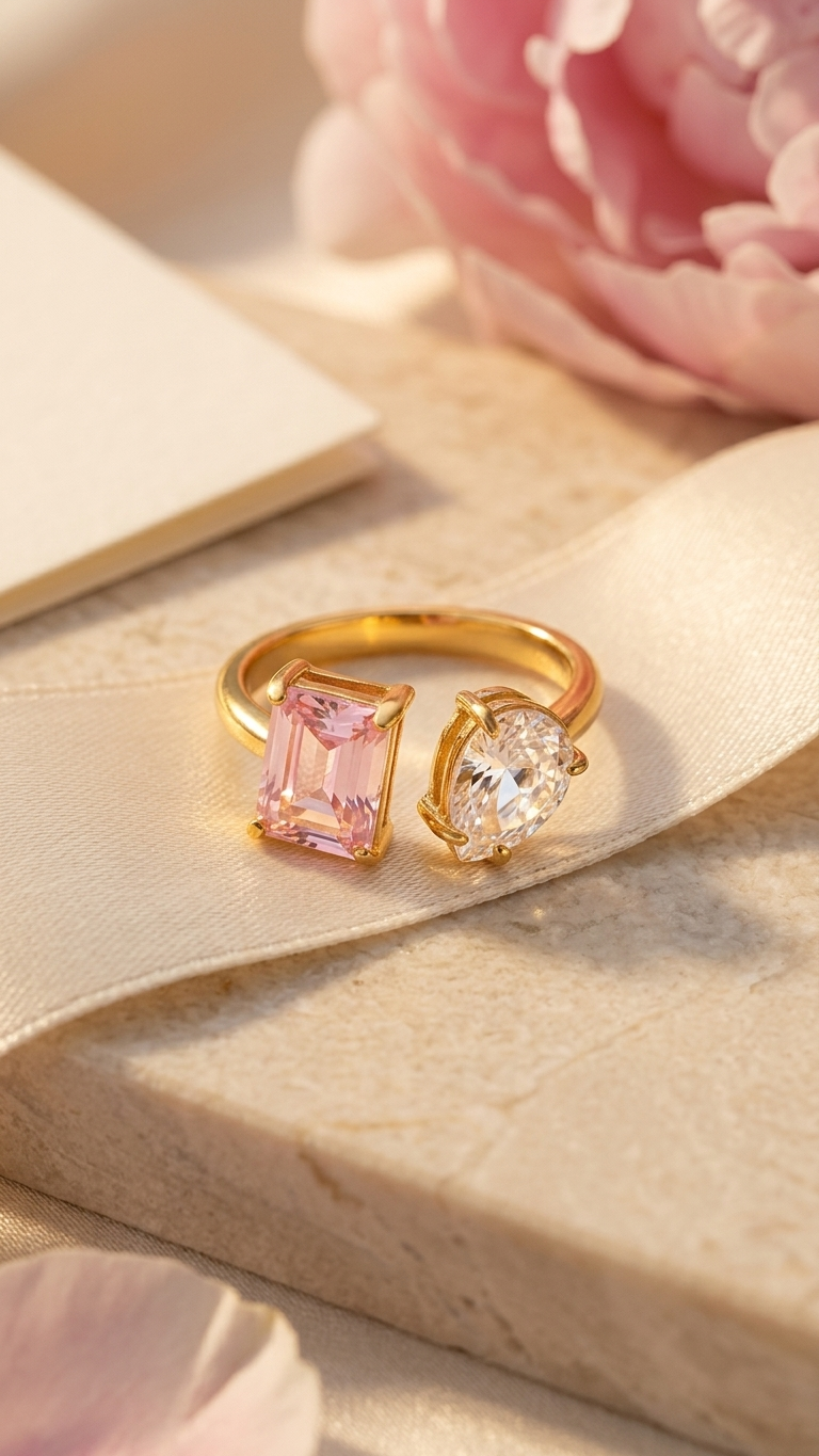 18K Gold Plated Two Stone - Pink and White Waterproof Ring
