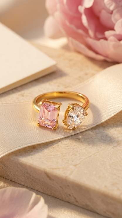 18K Gold Plated Two Stone - Pink and White Waterproof Ring