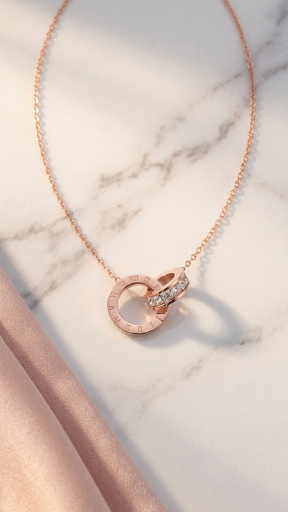 18K Rose Gold Plated Precious Double Ring Necklace