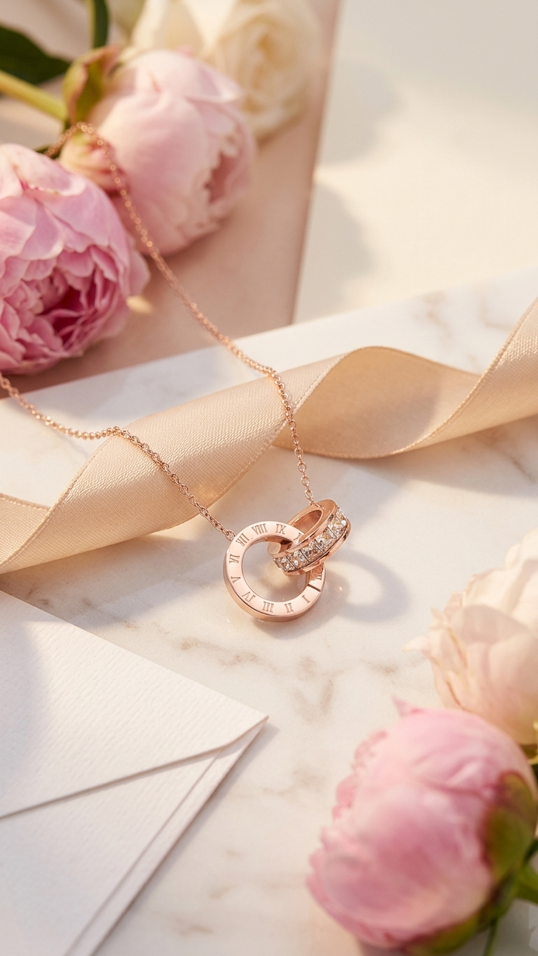 18K Rose Gold Plated Precious Double Ring Necklace